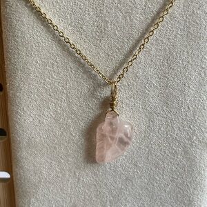 Rose Quartz Feather Pendant Necklace on Gold Chain – Handmade, New